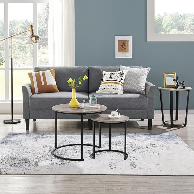 Yaheetech Nesting Coffee Table Set of 2, Nesting Table, Rustic Stacking Side Tables, Nesting End Table Set w/Round Wooden Tabletop and Sturdy Metal Base for Living Room,Small Space, Gray