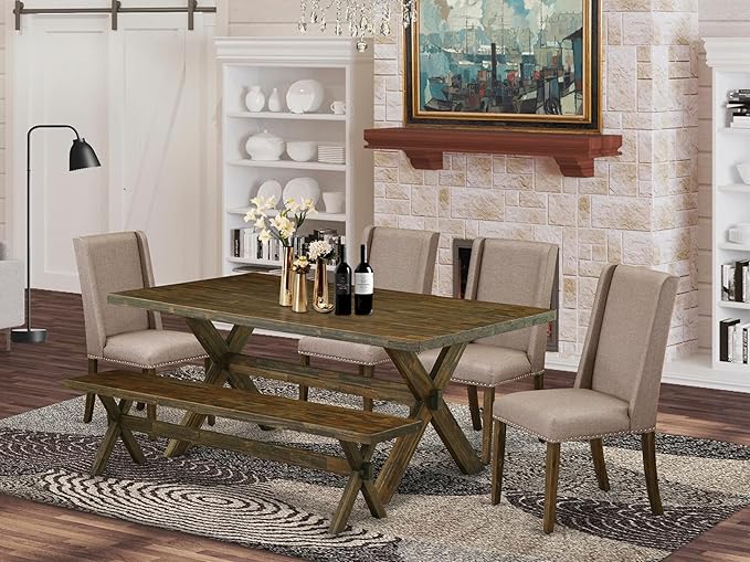 East West Furniture X777FL716-6 6 Piece Dining Table Set Contains a Rectangle Table with X-Legs and 4 Dark Khaki Linen Fabric Upholstered Chairs with a Bench, 40x72 Inch, Multi-Color