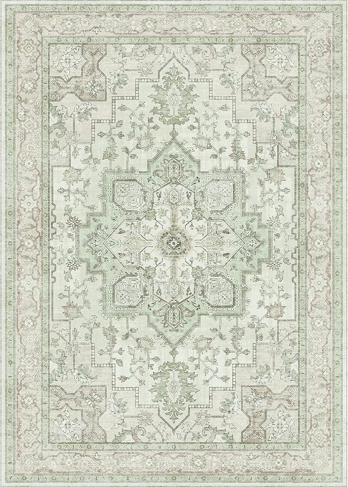 GENIMO 10x14 Area Rugs for Living Room, Machine Washable Non Slip Vintage Rugs, Low Pile Lightweight Chenille Print Rug for Bedroom, Dining Room, Home Office, Oat Light