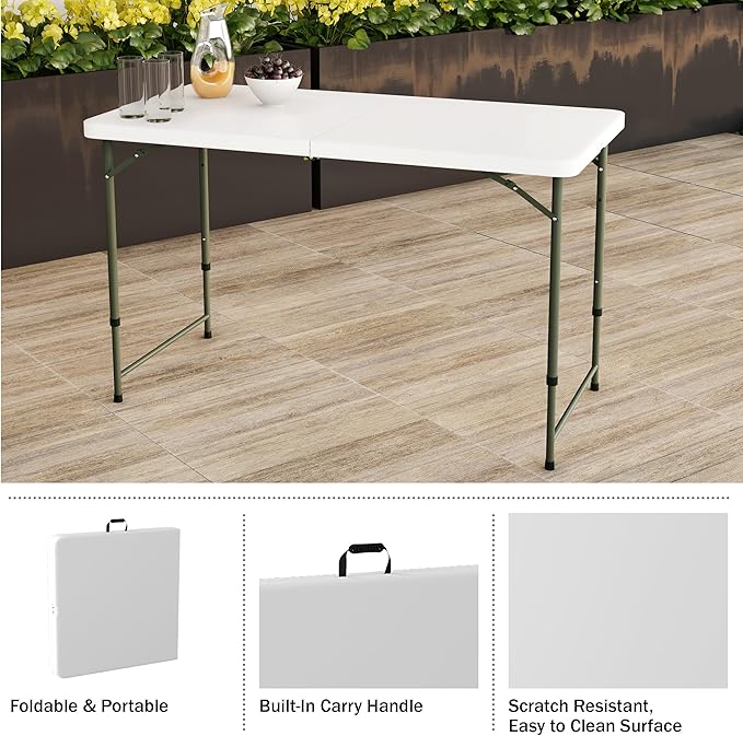 Adjustable Folding Table - Portable 4-Foot Plastic Utility Tabletop with 2 Height Settings - Indoor and Outdoor Seating by Lavish Home (White)