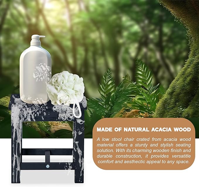 12 Inch Wooden Black Step Stool, Small Nature Beach Chair Under Desk, Indoor Acacia Wood Short Footstool for Living Room, Kitchen, Bathroom