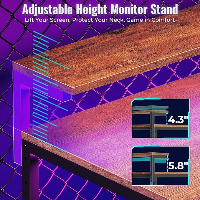 PRAISUN 61.7" Gaming Desk with LED Lights & Outlets, Computer Desk with 3 Fabric Drawers, PC Desk with PC Case Stand & Movable Storage Shelves, Monitor Stand, Reversible, Rustic Brown