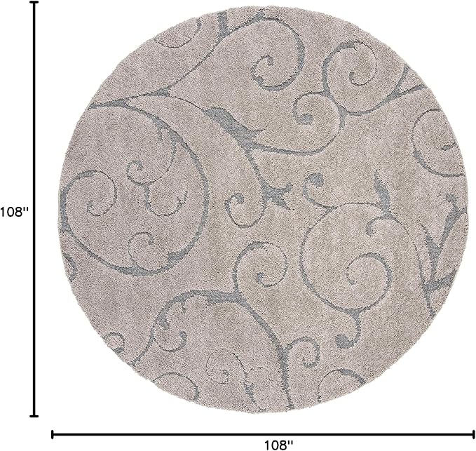 SAFAVIEH Florida Shag Collection Area Rug - 9' Round, Grey & Light Blue, Scroll Design, Non-Shedding & Easy Care, 1.2-inch Thick Ideal for High Traffic Areas in Living Room, Bedroom (SG455-1160)