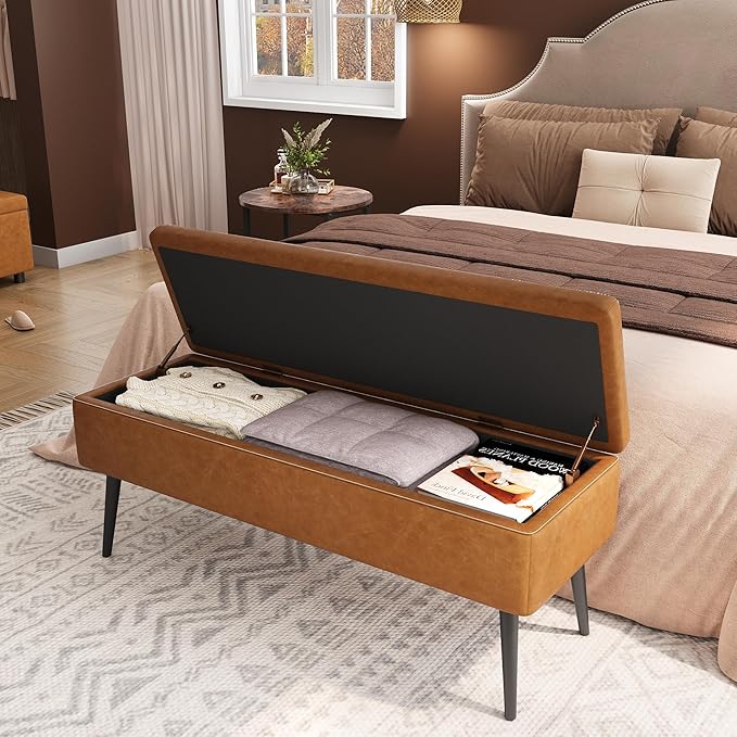 GarveeHome Storage Ottoman Bench, Mid-Century Modern Entryway Bedroom Bench, Synthetic Leather with Stitching, Safety Hinges, Loads 680 Lb, Brown