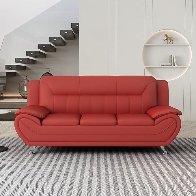 Container Furniture Direct Michael Modern Faux Leather Upholstered Stainless Steel Legs Living Room Sofa, Chair, Persian Red