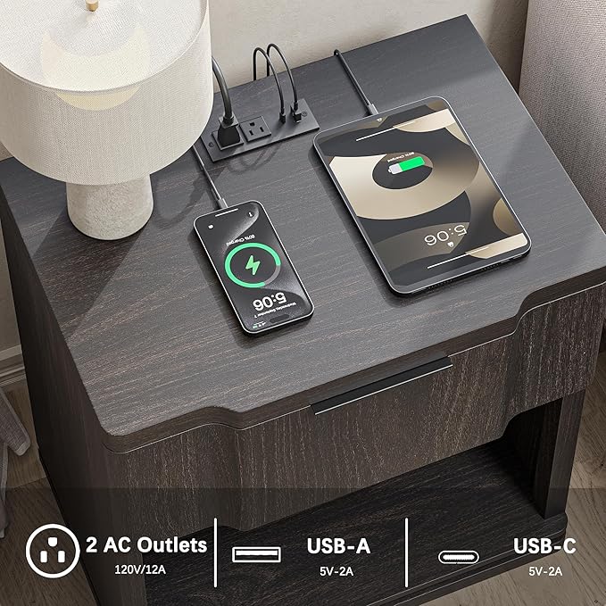 Nightstand with Charging Station, Wooden Curved Night Stand Bedside Tables with Storage Shelf & Drawer, Large Mid Century Modern Accent End Table for Bedroom Living Room Office