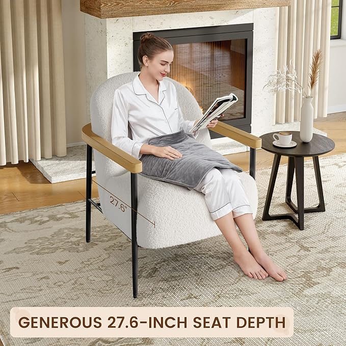 Garvee Modern Accent Chair, White Comfy Chair with Teddy Fabric, Wood Arms, Metal Frame & Adjustable Feet, Mid Century Modern Chair for Living Room,Bedroom, Office