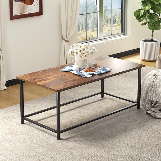 SENIG Coffee Table, Modern Industrial Style Rectangular Table, Brown Wood and Sturdy Metal Side End Table, Rustic Accent Functional Coffee Table for Living Room. 39.3 x 20 x 16