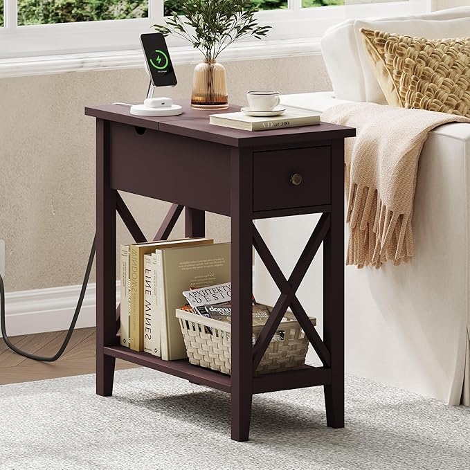 ChooChoo End Table with Charging Station, Narrow Side Table with USB Ports and Outlets, Nightstand with Drawer, for Small Spaces, Bedside Tables for Living Room Espresso