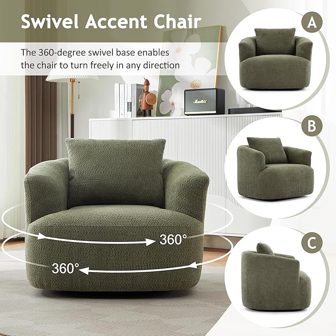 Merax Modern Cozy Chenille 360° Swivel Sofa Chair w/a Throw Pillow, 38.2" Upholstered Leisure Barrel Accent Armchair with Deep Seating for Living Room Bedroom,Office, Hotel, Easy Assemble, Green