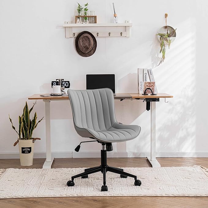 YOUNIKE Grey Home Office Desk Chair with Wheels Ergonomic Comfy Armless Vanity Chair with Back Modern Leather Upholstered Rolling Task Chair Small Cute Computer Drafting Sewing Chair Swivel Adjustable