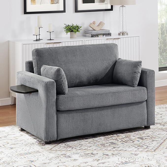 Twin Size Sofa Bed 47.2" Sleeper Sofa Loveseat Sofa with a Foldable Mattress, a Foldable Side Table, a Side Storage Pocket and Two USB Ports for Living Room, Gray