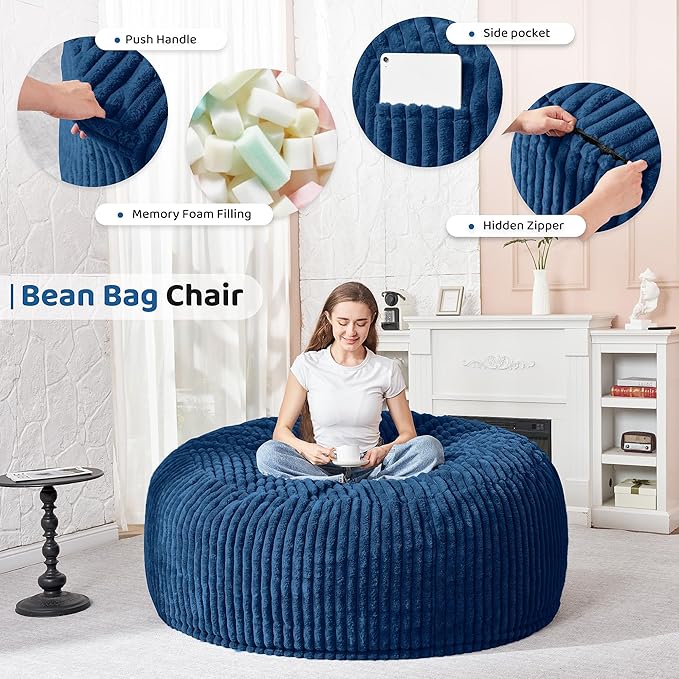 HABUTWAY 3FT Bean Bag Chair, 3' Large Bean Bag Chairs for Adults with Removable Stripe Plush Cover, Memory Foam Beanbag Chair for Living Room Bedroom Dorm (Blue)