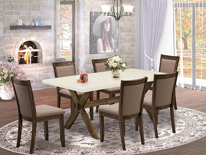 East West Furniture X727MZ748-7 7 Piece Dining Table Set Consist of a Rectangle Dining Room Table with X-Legs and 6 Coffee Linen Fabric Upholstered Chairs, 40x72 Inch, Multi-Color