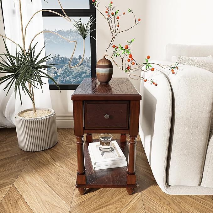 LEEMTORIG Narrow Nightstand with Drawer, No-Tools Assembly Wood End Tables Living Room Side Tables Bedroom, Mid-Century Modern 13"W Slim Narrow Bedside Table, 22"D x 22.3"H, Cherry Brown BBJ-004-DWA