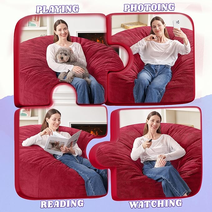 HABUTWAY 5FT Bean Bag Chair,Giant Bean Bag Chairs for Adults,Big Bean Bags with Memory Foam Filled, Large Beanbag Chairs with Soft Corduroy Cover-RED