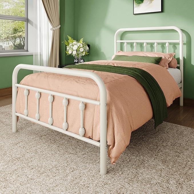 Allewie 14 Inches Twin Size Metal Platform Bed Frame with Victorian Style Iron-Art Headboard/Footboard, Mattress Foundation, Easy Assembly, Under Bed Storage, No Box Spring Required, Off White
