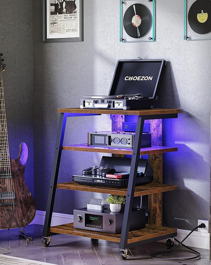4-Tier AV Media Stand with Wheels, Stereo Stands, Media Console Shelf with Power Strips, LED Lights, Wooden Audio Cabinet Rack Tower, Rustic Brown and Black TCJ60UDBF