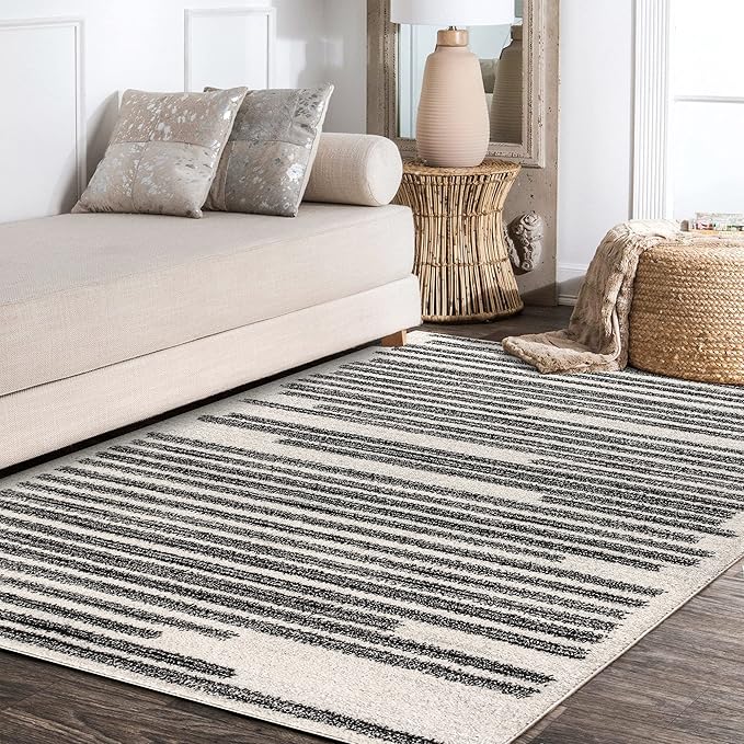 JONATHAN Y Khalil Modern Berber Stripe Cream/Black Indoor Area Rug, 10x13, Contemporary, Bohemian, Easy-Cleaning for Living Room, Bedroom, Kitchen, Pet Friendly, Non-Shedding (MOH207A-13)