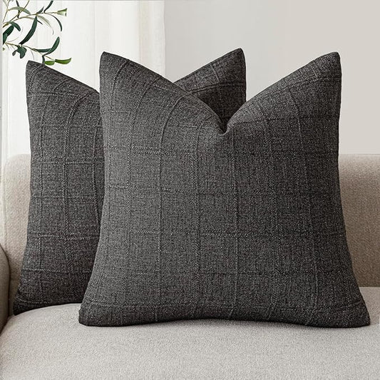 Foindtower Set of 2 Decorative Linen Check Throw Pillow Covers Neutral Farmhouse Vintage Cushion Covers Modern Boho Home Decor for Sofa Chair Couch Bedroom Living Room Outdoor,22×22 Inch,Charcoal