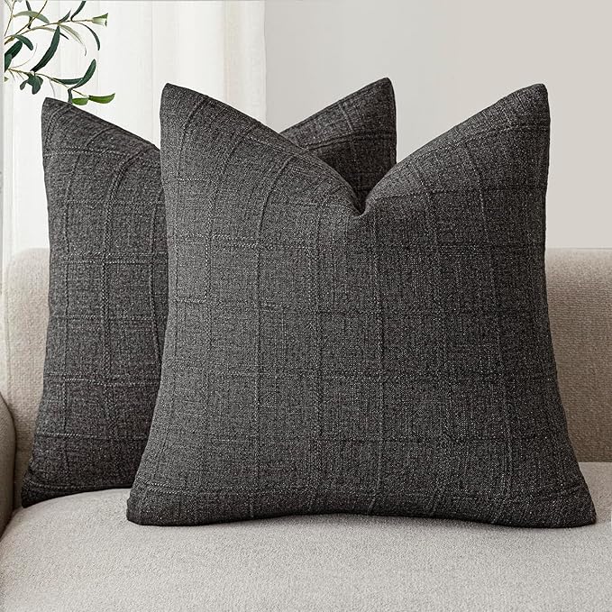 Foindtower Set of 2 Decorative Linen Check Throw Pillow Covers Neutral Farmhouse Vintage Cushion Covers Modern Boho Home Decor for Sofa Chair Couch Bedroom Living Room Outdoor,16×16 Inch,Charcoal