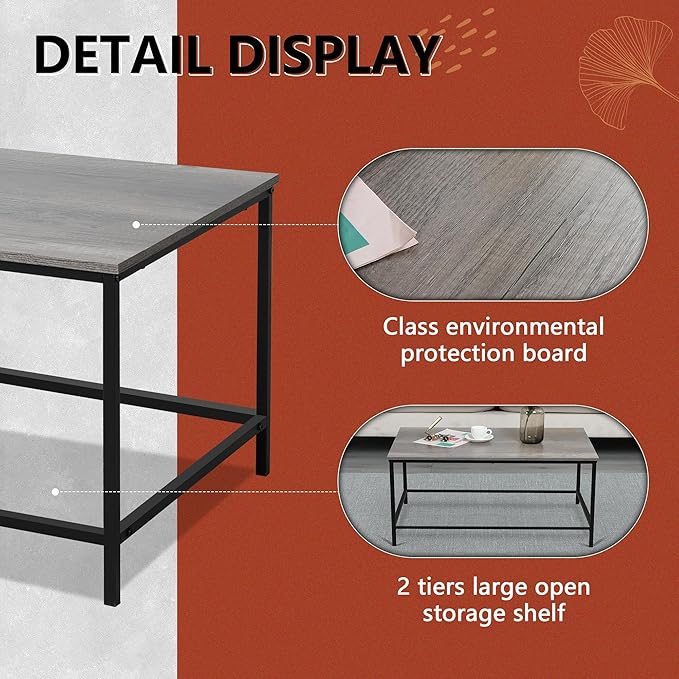 SENIG Modern Industrial Style Rectangular Coffee Table, Grey Wood and Sturdy Metal Side End Table, Rustic Accent Functional Coffee Table for Living Room. 39.3 x 20 x 16