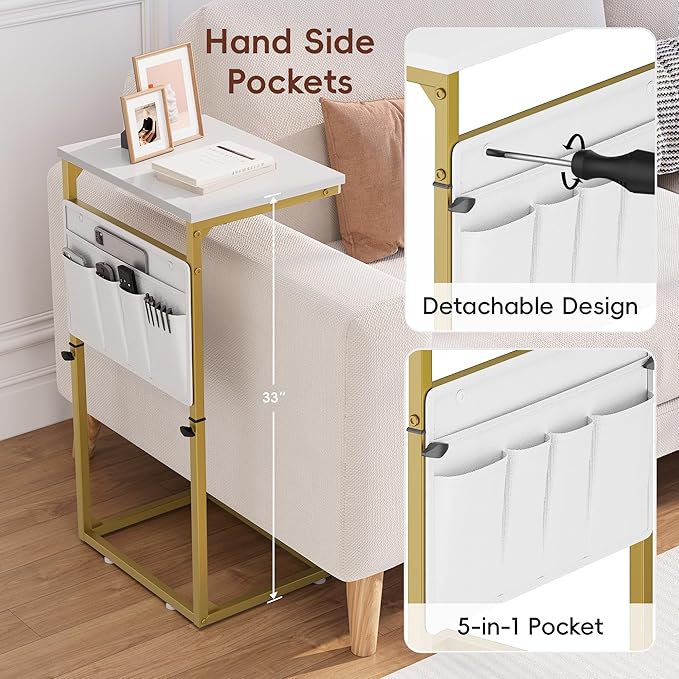Vagusicc C Shaped End Table, 33'' Tall Side Table for Couch, Adjustable Height Small Couch Side Table for Small Spaces, C Table End Table Slide Under Sofa Table TV Tray Arm Table for Living Room