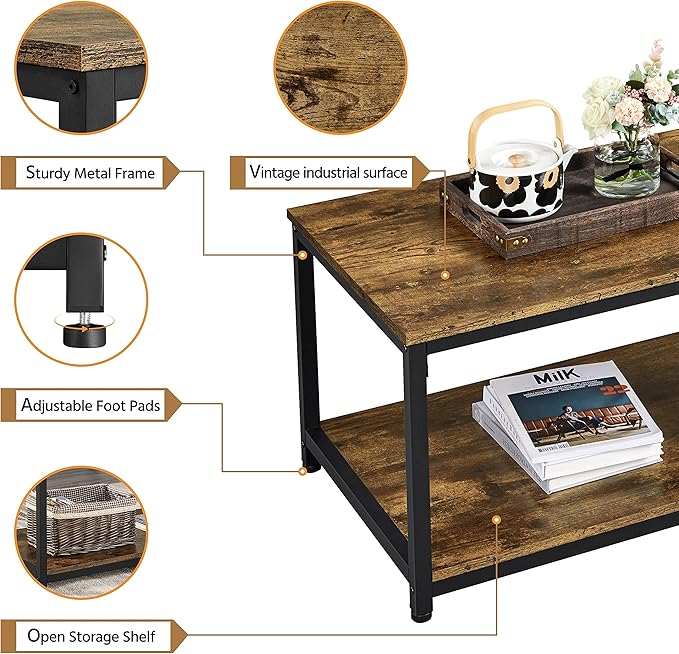 Yaheetech 2-Tier Coffee Table, Industrial Wood Coffee Table with Storage Shelf for Living Room, Rectangle Side End Table with Metal Frame, Rustic Brown