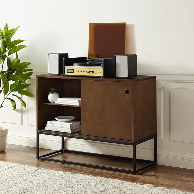 Crosley Furniture Byron Media Console and Record Player Stand with Storage for Vinyl Records, Brown/Black