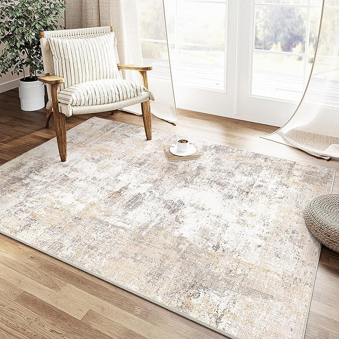 3x5 Washable Area Rug Beige Grey Neutral Abstract Entryway Kitchen Non Slip Low Pile Throw Rug Living Room Bedroom Indoor Doormat Small Soft Carpet for Entrance Bathroom