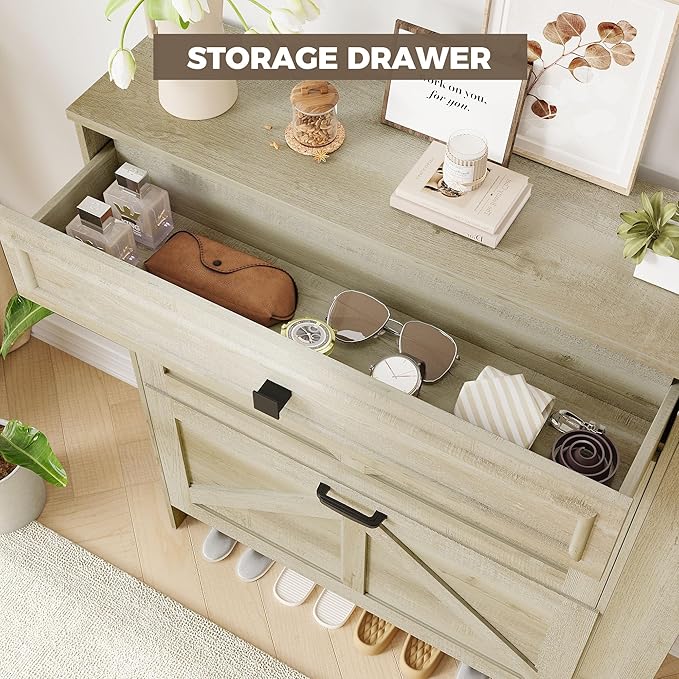 IRONCK Shoe Storage Cabinet with 2 Flip Drawers & Barn Door Design, Freestanding Shoe Cabinet Organizer with Drawer and Shelves for Entryway, Farmhouse Shoe Rack Cabinet,Rustic Maple