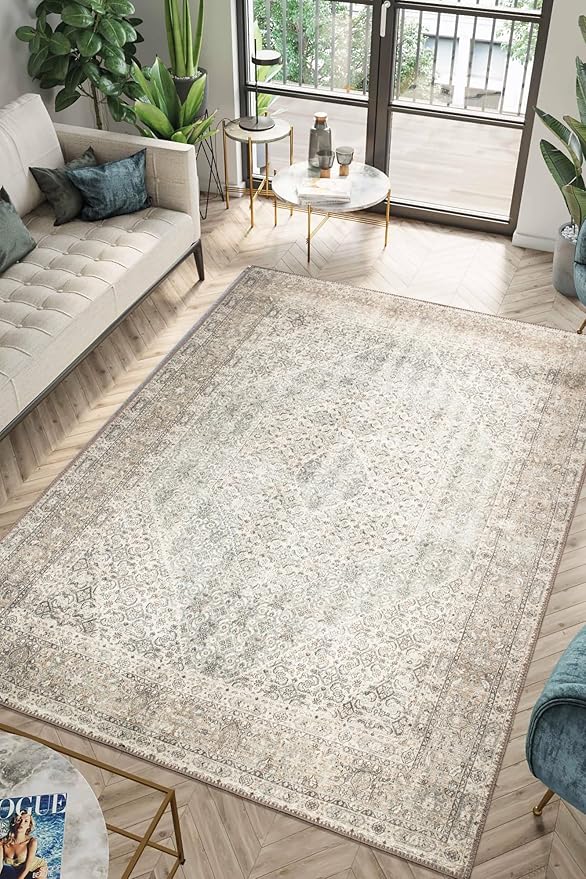 Keen Home Design 5x7 Rug - Machine Washable Area Rug with Non-Slip Backing, Ideal for Living Room, Dining Room, Bedroom - Vintage, Easy Clean, Durable, Low Pile Rug - (5' x 7')