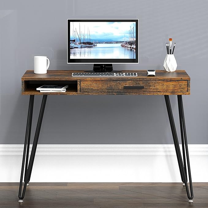SHW Home Office Computer Hairpin Leg Desk with Drawer, Rustic Brown