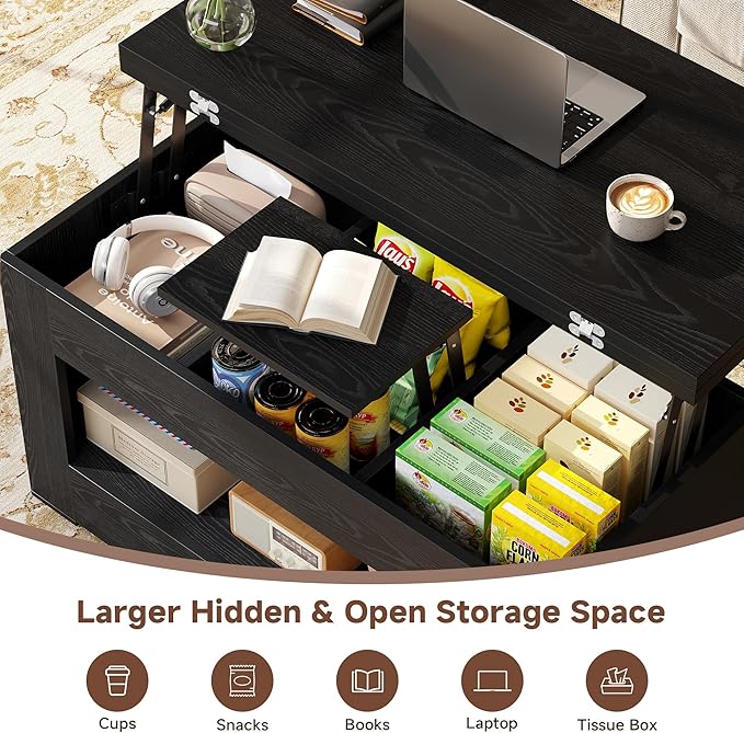 40" Lift Top Coffee Table, 4 in 1 Multi-Function Lift Coffee Tables with Storage and Hidden Compartment, Convertible Coffee Table to Dining Table for Living Room, Black