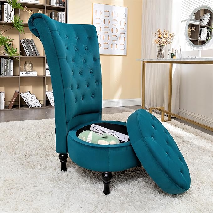 Container Furniture Royal High-Back Velvet Accent Chair for Vanity with Storage and Luxurious Upholstery, Retro Design and Versatile Usage for Livingroom, Bedroom, Lounge and Office, Greenish Blue