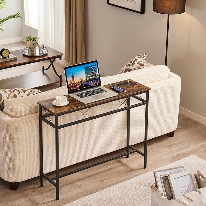 VECELO 39.4In Narrow Sofa/Console Table with Charging Station & Power Outlet and USB Ports, for Entryway, Living Room, Office, Industrial, Metal Frame, 2 Pack, Rustic Brown