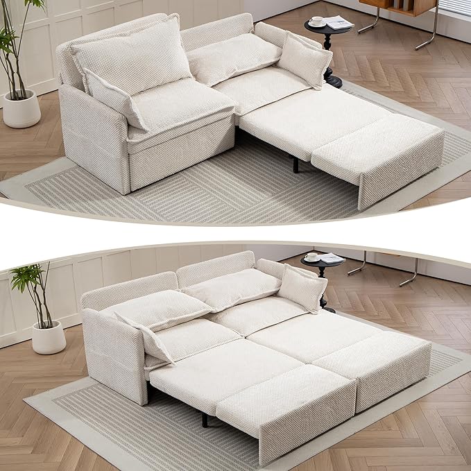 Furnimart 73.6" King Size Pull Out Sofa Bed, 3 in 1 Convertible Sleeper Bed with USB/C-Type Charging Ports & Side Pockets, Modern Futon Couch for Living Room, Apartment, Bedroom, Corduroy White