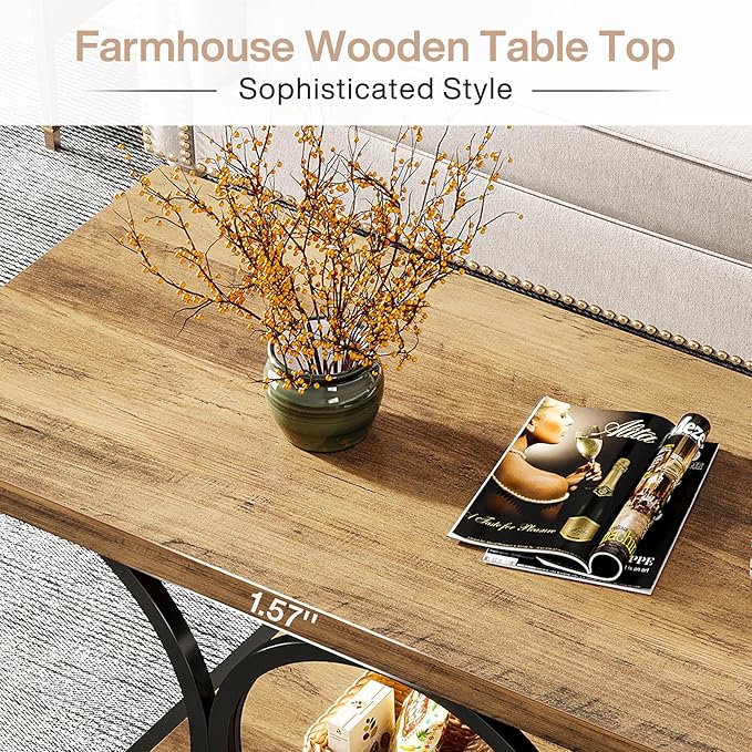 Tribesigns Rectangle Coffee Table, 47.24-inch Rustic Coffee Tables for Living Room, 2-Tier Farmhouse Wooden Coffee Table with Geometric Metal Legs, Home Furniture with Storage Shelf (Brown & Black)
