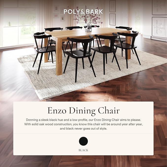 POLY & BARK Mid Century Modern Enzo Black Dining Chair – Solid Oak Wood Splat Back Chair, 18" Seat Height, 32" Tall – Stylish MCM Kitchen & Dining Room Chair