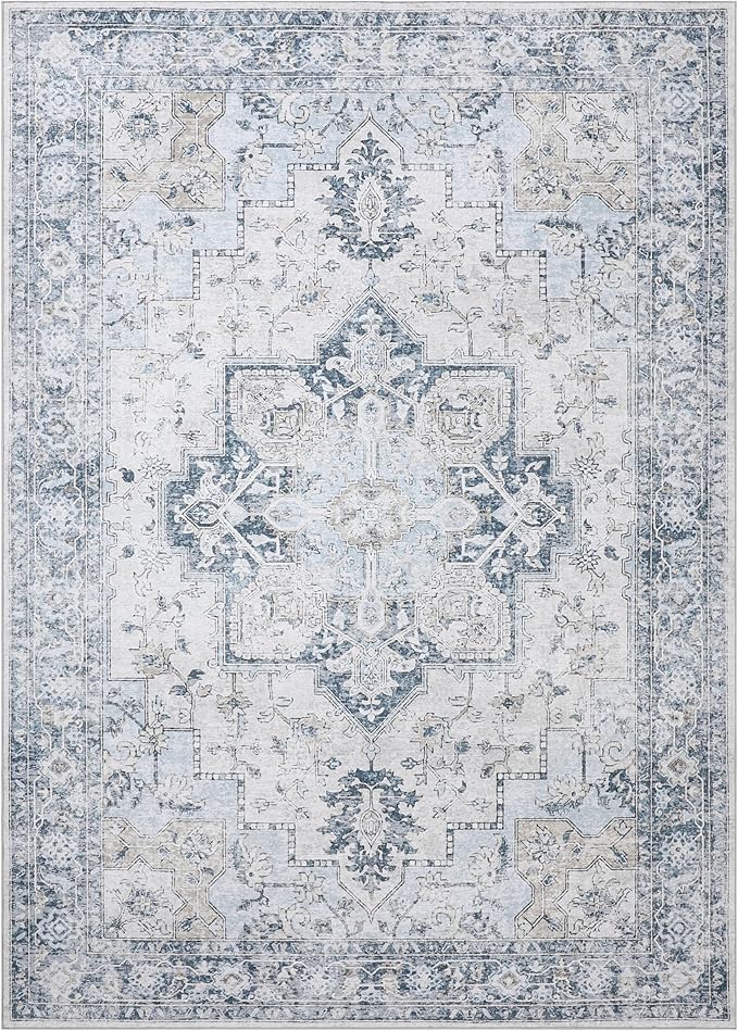 GENIMO 10x14 Area Rugs for Living Room, Machine Washable Rug, Non Slip Vintage Rugs, Low Pile Lightweight Chenille Print Rug for Bedroom, Dining Room, Home Office, Blue