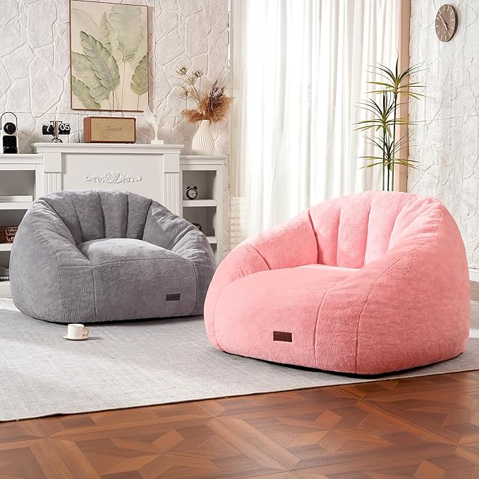 HABUTWAY Bean Bag Chair, Giant Bean Bag Chairs for Adults with Ottoman, Comfy Faux Fur Shell-Shaped Bean Bag Couch, Sofa Chair for Living Room, Bedroom, Pink