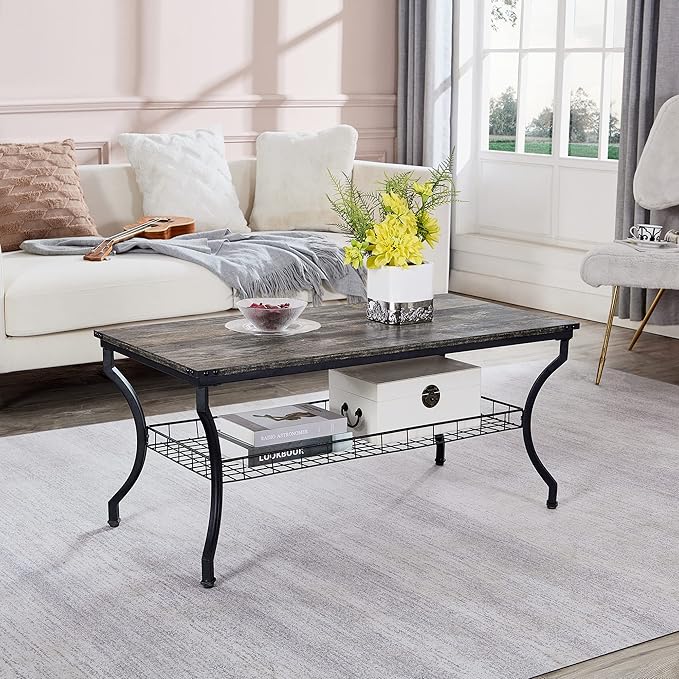 VECELO 3 Pieces Living Room Table Sets, Coffee and End Tables with Open Storage Shelves for Apartment, Home Office, Small Space, Easy Assembly, Grey Oak