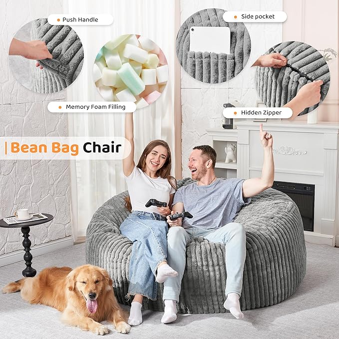 HABUTWAY 5FT Bean Bag Chair, 5' Large Bean Bag Chairs for Adults with Removable Stripe Plush Cover, Memory Foam Beanbag Chair for Living Room Bedroom Dorm (Grey)