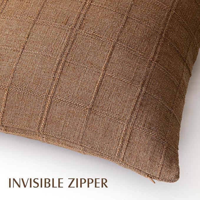 Foindtower Set of 2 Decorative Linen Check Throw Pillow Covers Neutral Farmhouse Vintage Cushion Covers Modern Boho Home Decor for Sofa Chair Couch Bedroom Living Room Outdoor,26×26 Inch,Brown Hazel