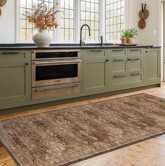 Brown Washable Long Runners for Hallways, 2'6"x8' Wide Kitchen Runner Rug, Entryway Indoor Rug, Non Slip Rubber Backing Boho Vintage Dark Floor Decor