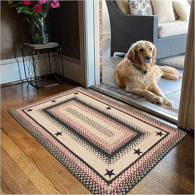 Homespice Gloucester Jute Braided Rug 20x30in Rect Black-Tan-Red Natural Jute Rug. Uses- Indoor Entryway, Kitchen Rug, Bedroom Doorway Reversible, Rustic, Country, Primitive, Farmhouse Decor