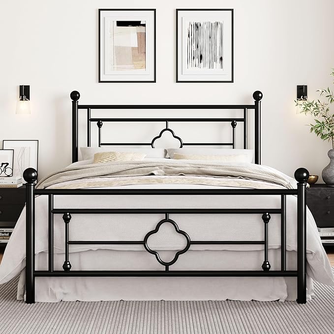SHA CERLIN 14 Inches Full Size Metal Platform Bed Frame/Vintage Iron-Art Headboard and Footboard/Mattress Foundation for Storage/No Box Spring Needed/Noise-Free/Easy Assembly/Black
