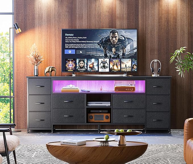 Huuger 63 Inch LED TV Stand Dresser with Power Outlets, USB-C Port and LED Lights, 10 Fabric Drawer Dresser for Bedroom, Long Entertainment Center for 65, 70 Inch TV, Open Shelves, PU Leather, Black
