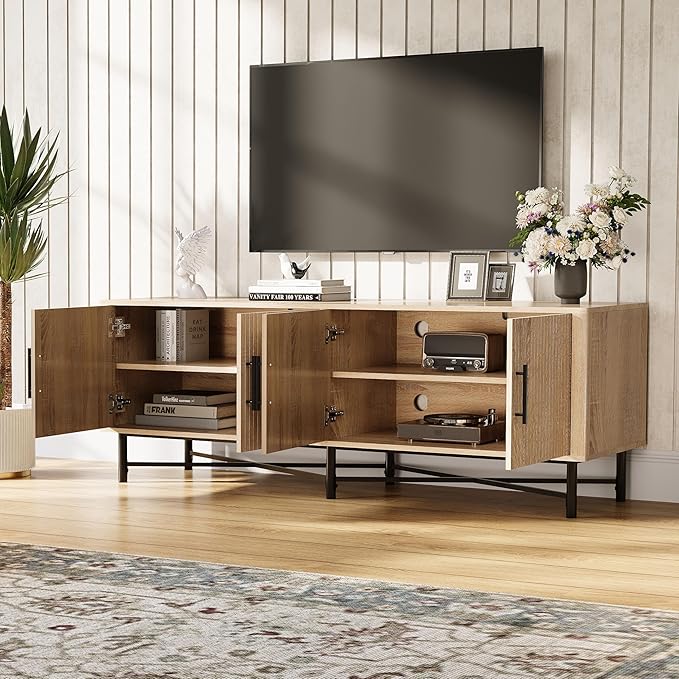 Christopher Knight Home Saral Modern 65 Inch TV Stand for TV up to 70 inch, TV Entertainment Center with Storage Adjustable Shelf, Wooden TV Console Table with Storage for Living Room, Natural