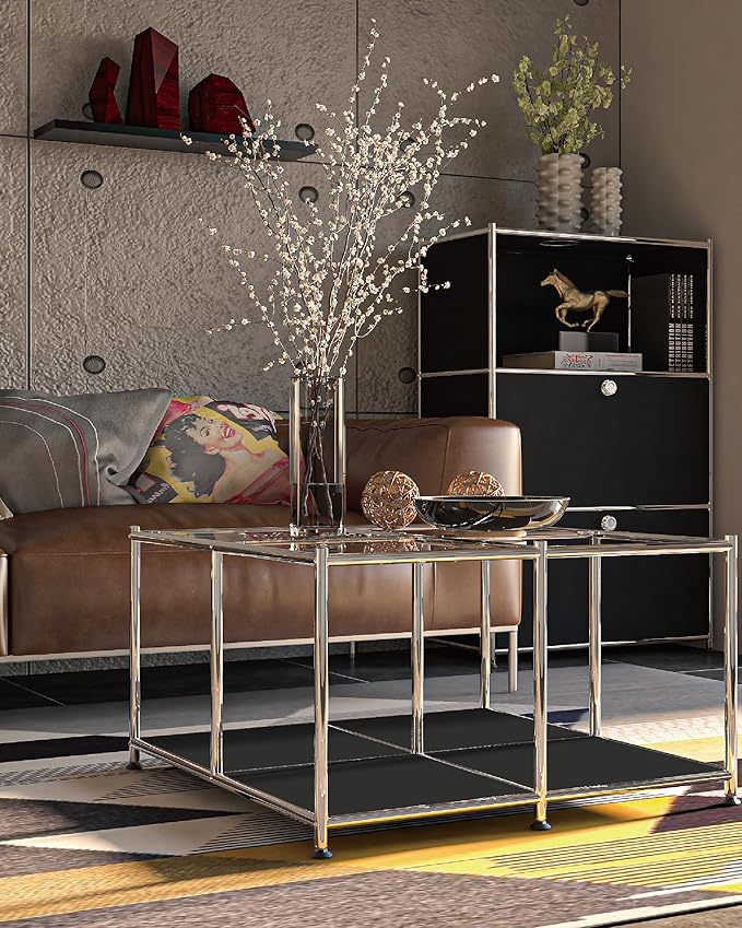 Matte Coffee Table with Open Storage, Square Tempered Glass Storage Rolling Coffee Table, Modern Design for Living Room, Meeting Room (Black)